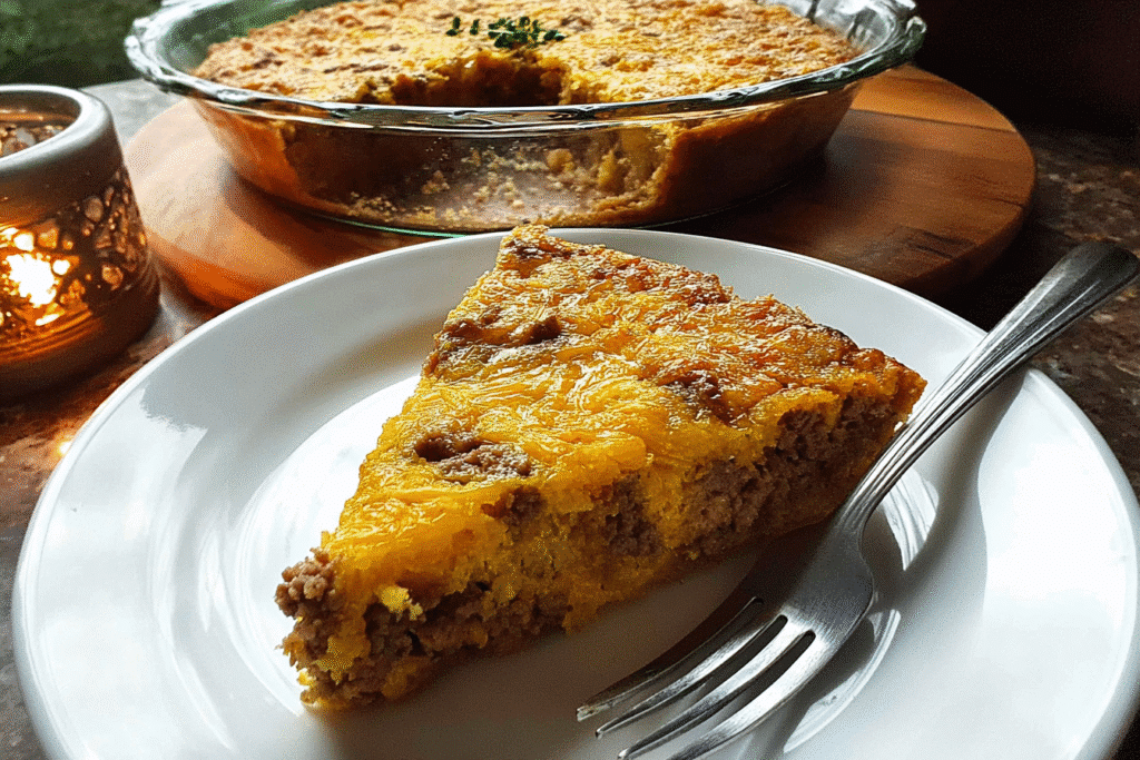 Carnivore casserole slice lifted on a spatula