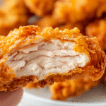 Hand holding a crispy Carnivore Chicken Fry with visible juicy center