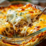 Cheesy carnivore casserole slice pulled from dish