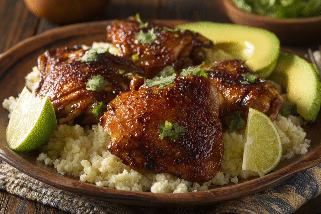 tex mex paste chicken thighs served with cauliflower rice