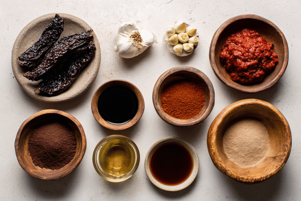 tex mex paste ingredients laid out including chipotle, tomatoes, garlic