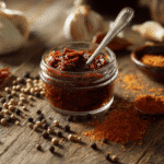 close-up of tex mex paste in glass jar with spoon